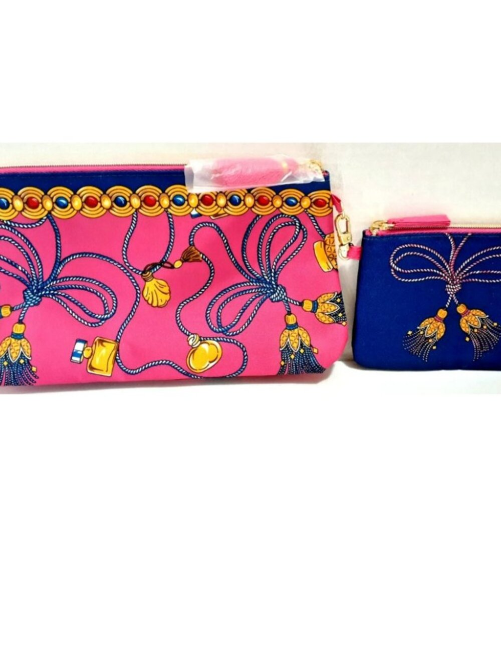 Estee Lauder Hot Pink Tassle Makeup Cosmetic Travel Bag 2 Pc Large + Blue Mini